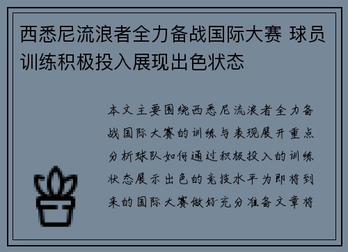 西悉尼流浪者全力备战国际大赛 球员训练积极投入展现出色状态