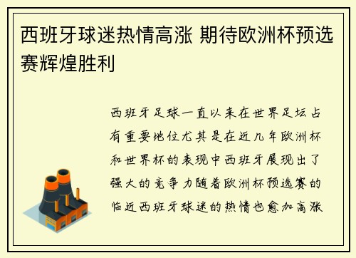 西班牙球迷热情高涨 期待欧洲杯预选赛辉煌胜利