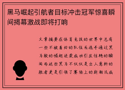 黑马崛起引航者目标冲击冠军惊喜瞬间揭幕激战即将打响